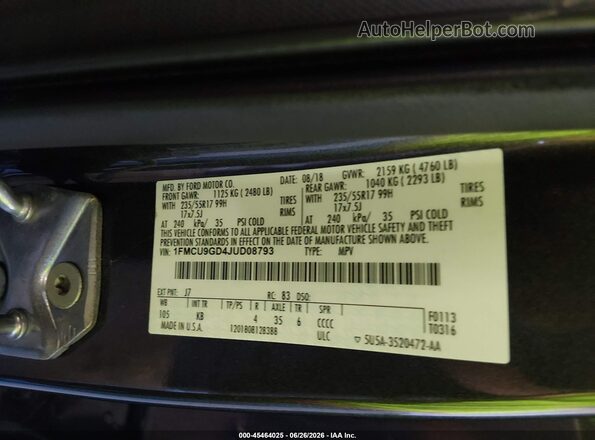 1FMCU9GD4JUD08793 2018 FORD ESCAPE Gray ძრავის განყოფილების ხედი