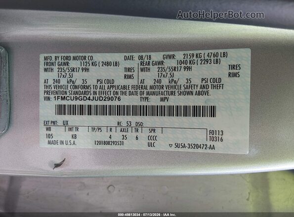 1FMCU9GD4JUD29076 2018 FORD ESCAPE Silver Widok komory silnika