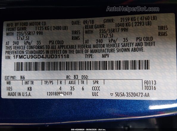 1FMCU9GD4JUD31118 2018 FORD ESCAPE Blue Engine compartment view