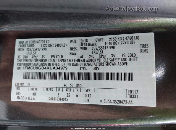 1FMCU9GD4KUA34979 2019 FORD ESCAPE Gray Շարժիչի բաժամունքի տեսք
