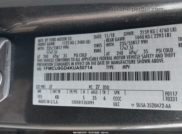 1FMCU9GD4KUA50714 2019 FORD ESCAPE Gray Engine compartment view