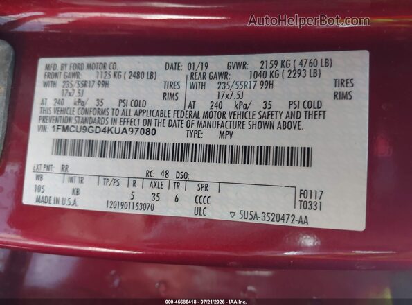 1FMCU9GD4KUA97080 2019 FORD ESCAPE Maroon Vista del compartimento del motor
