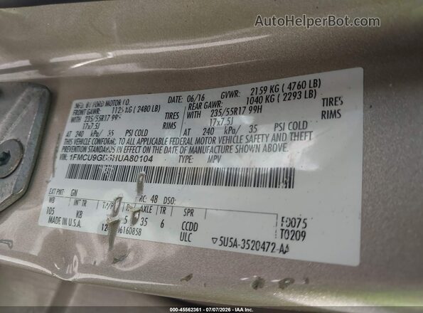 1FMCU9GD5HUA80104 2017 FORD ESCAPE Золотой Вид подкапотного пространства