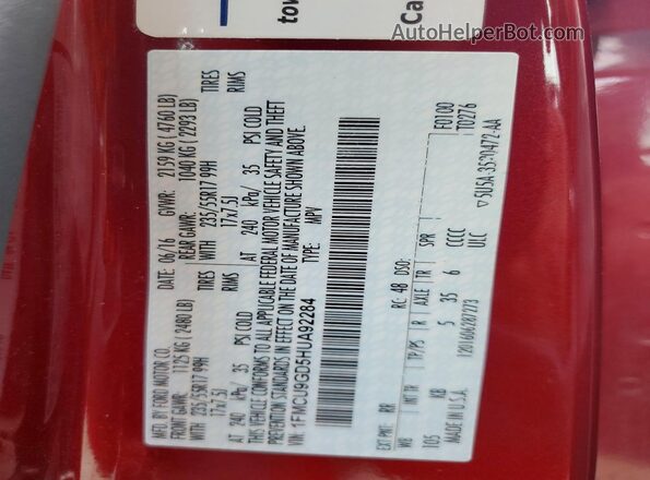 1FMCU9GD5HUA92284 2017 FORD ESCAPE Red Vista de la etiqueta del VIN