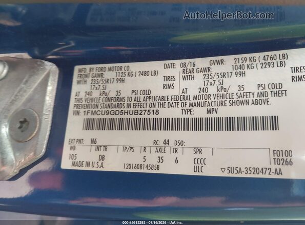1FMCU9GD5HUB27518 2017 FORD ESCAPE Синий Вид подкапотного пространства