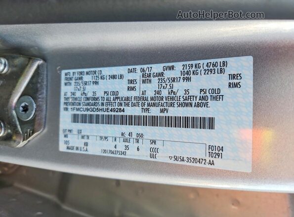 1FMCU9GD5HUE49284 2017 FORD ESCAPE Silver VIN კოდის სტიკერის ხედი