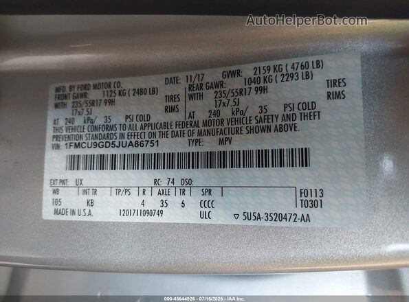 1FMCU9GD5JUA86751 2018 FORD ESCAPE Silver Շարժիչի բաժամունքի տեսք