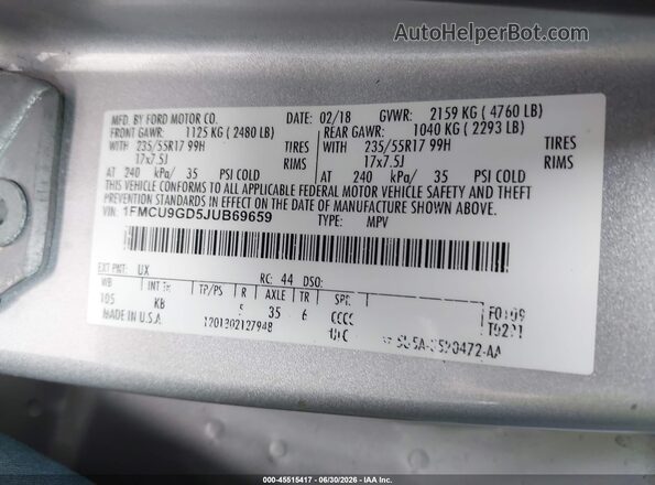 1FMCU9GD5JUB69659 2018 FORD ESCAPE Silver ძრავის განყოფილების ხედი