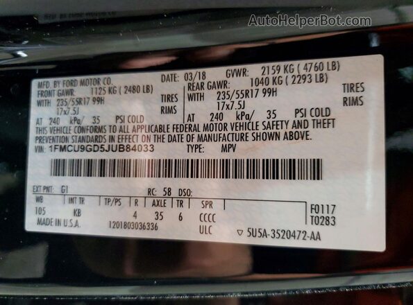 1FMCU9GD5JUB84033 2018 FORD ESCAPE Black VIN sticker view