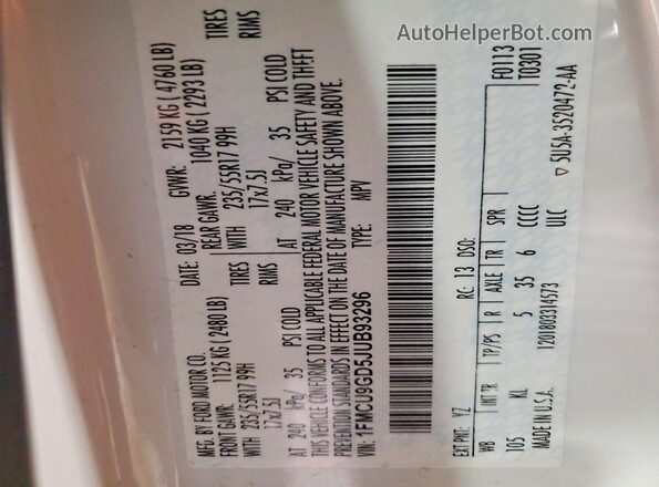 1FMCU9GD5JUB93296 2018 FORD ESCAPE White Widok wnętrza 360 stopni