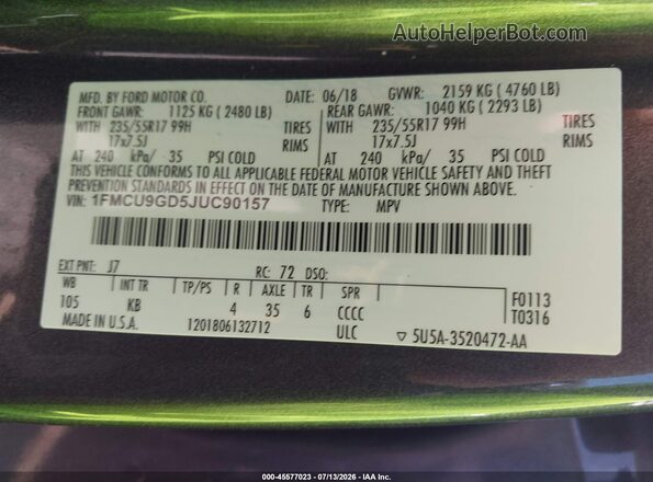 1FMCU9GD5JUC90157 2018 FORD ESCAPE Gray Вид підкапотного простору