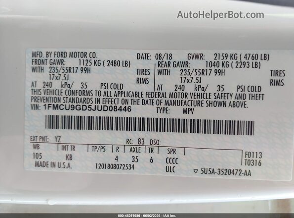 1FMCU9GD5JUD08446 2018 FORD ESCAPE White ძრავის განყოფილების ხედი