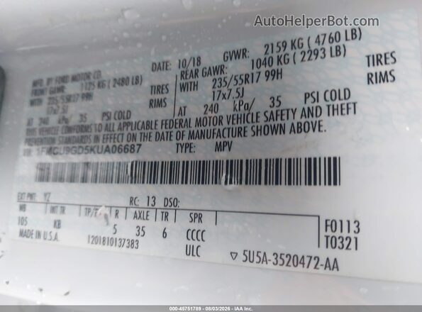 1FMCU9GD5KUA06687 2019 FORD ESCAPE White Շարժիչի բաժամունքի տեսք