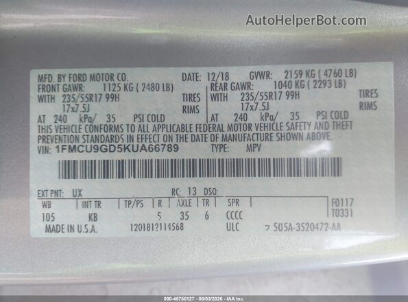 1FMCU9GD5KUA66789 2019 FORD ESCAPE Silver Engine compartment view