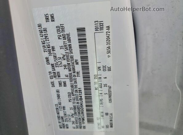 1FMCU9GD5KUB41281 2019 FORD ESCAPE White Vista de la etiqueta del VIN