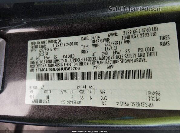 1FMCU9GD6HUB82706 2017 FORD ESCAPE Gray Widok komory silnika
