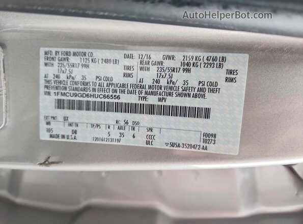 1FMCU9GD6HUC66556 2017 FORD ESCAPE Silver VIN sticker view