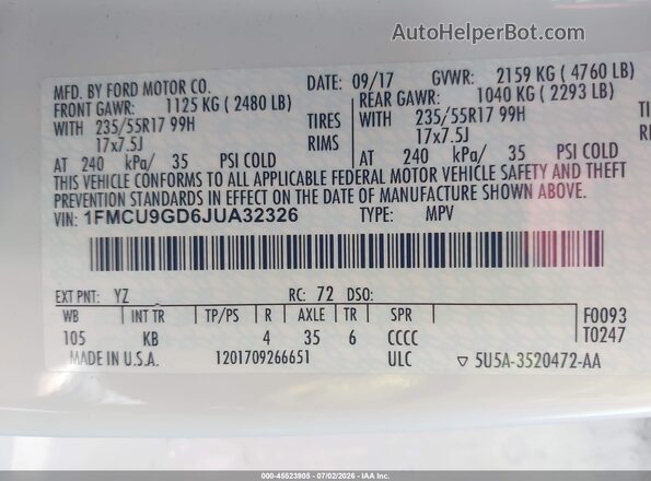 1FMCU9GD6JUA32326 2018 FORD ESCAPE White Widok komory silnika