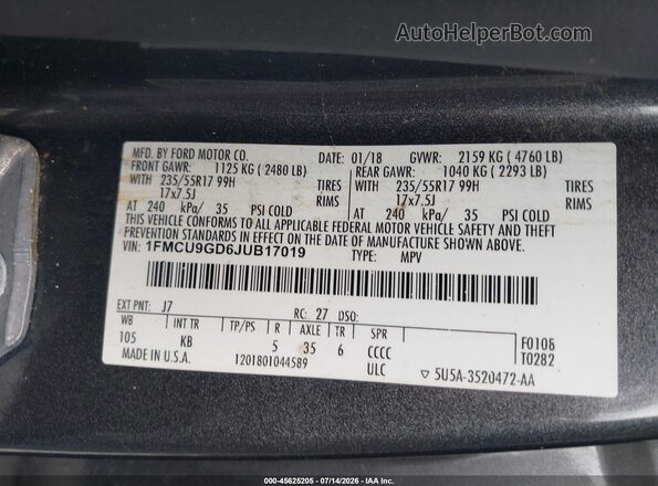 1FMCU9GD6JUB17019 2018 FORD ESCAPE Серый Вид подкапотного пространства