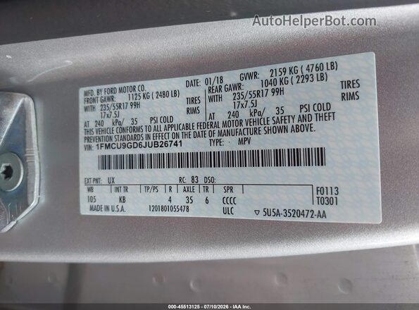 1FMCU9GD6JUB26741 2018 FORD ESCAPE Silver Widok komory silnika