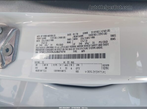 1FMCU9GD6JUB27078 2018 FORD ESCAPE White Vista del compartimento del motor