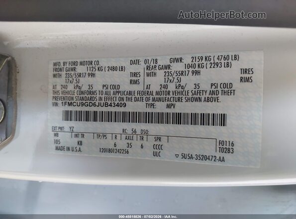 1FMCU9GD6JUB43409 2018 FORD ESCAPE White Vista del compartimento del motor
