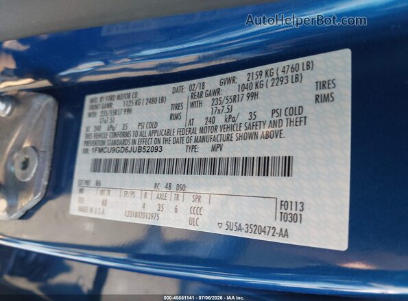 1FMCU9GD6JUB52093 2018 FORD ESCAPE Blue Vista del compartimento del motor