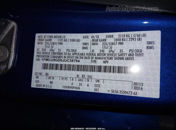 1FMCU9GD6JUC38794 2018 FORD ESCAPE Blue Widok komory silnika