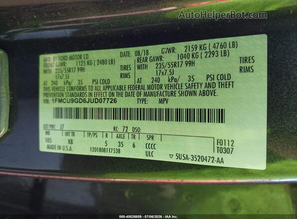 1FMCU9GD6JUD07726 2018 FORD ESCAPE Gray Widok komory silnika
