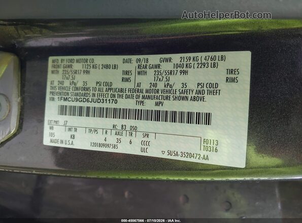 1FMCU9GD6JUD31170 2018 FORD ESCAPE Gray Շարժիչի բաժամունքի տեսք