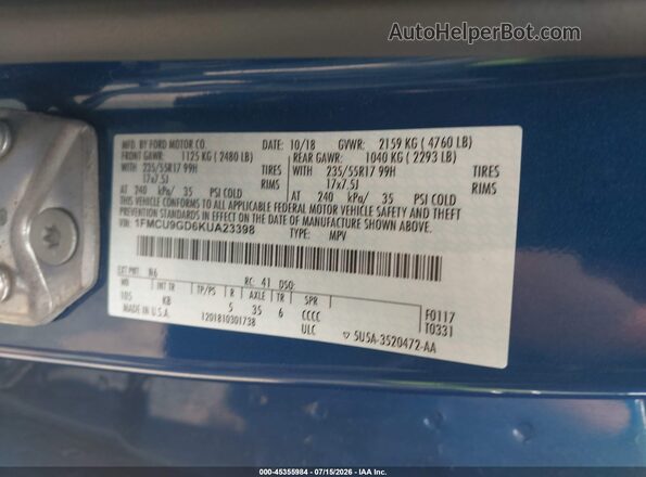 1FMCU9GD6KUA23398 2019 FORD ESCAPE Blue Շարժիչի բաժամունքի տեսք