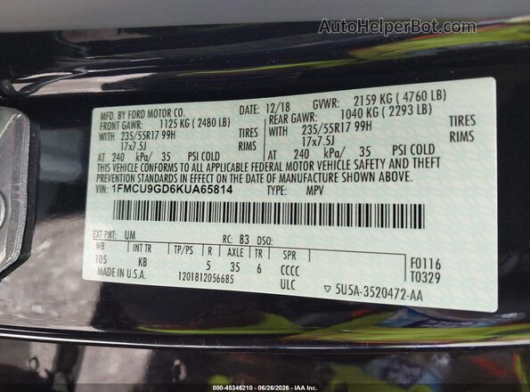 1FMCU9GD6KUA65814 2019 FORD ESCAPE Black Widok komory silnika