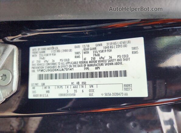 1FMCU9GD6KUA70141 2019 FORD ESCAPE Black სალონის 360-გრადუსიანი ხედი