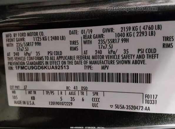 1FMCU9GD6KUA92513 2019 FORD ESCAPE Серый Вид подкапотного пространства