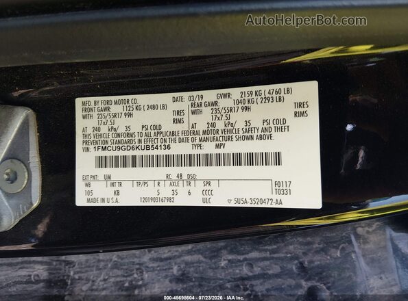 1FMCU9GD6KUB54136 2019 FORD ESCAPE Black Вид підкапотного простору