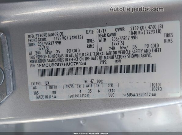 1FMCU9GD7HUC76139 2017 FORD ESCAPE Silver Engine compartment view