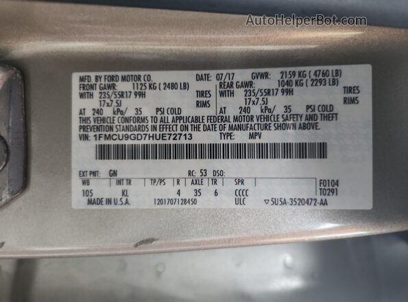 1FMCU9GD7HUE72713 2017 FORD ESCAPE Желто-коричневый Вид наклейки с VIN-кодом
