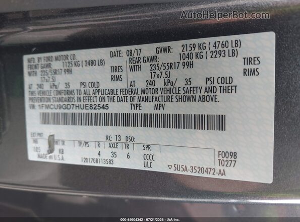 1FMCU9GD7HUE82545 2017 FORD ESCAPE Gray Widok komory silnika