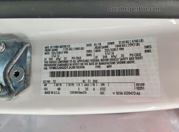 1FMCU9GD7JUB18356 2018 FORD ESCAPE Белый Вид наклейки с VIN-кодом