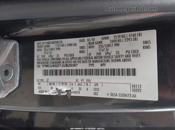 1FMCU9GD7JUB29387 2018 FORD ESCAPE Gray Engine compartment view