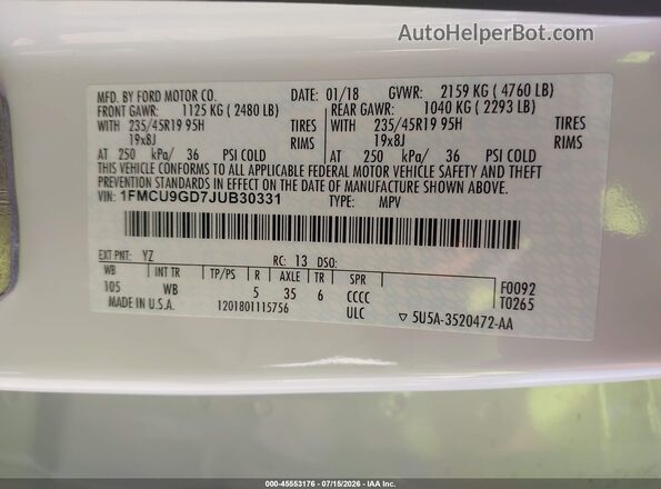 1FMCU9GD7JUB30331 2018 FORD ESCAPE White ძრავის განყოფილების ხედი