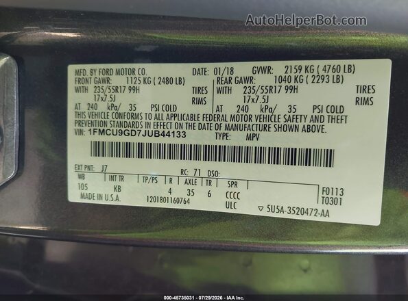 1FMCU9GD7JUB44133 2018 FORD ESCAPE Gray Вид підкапотного простору