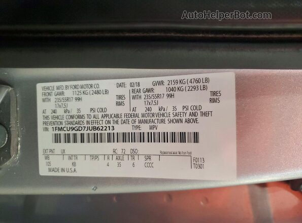 1FMCU9GD7JUB62213 2018 FORD ESCAPE Silver Vista de la etiqueta del VIN
