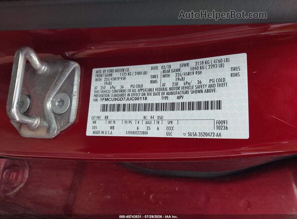 1FMCU9GD7JUC00118 2018 FORD ESCAPE Red Vista del compartimento del motor