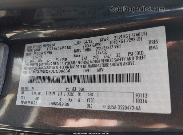 1FMCU9GD7JUC38836 2018 FORD ESCAPE Gray Вид підкапотного простору