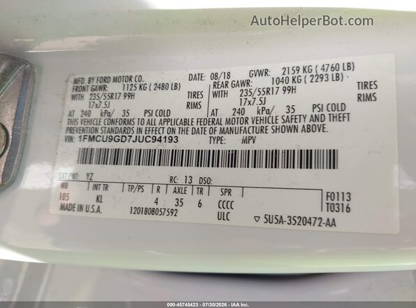 1FMCU9GD7JUC94193 2018 FORD ESCAPE White Widok komory silnika