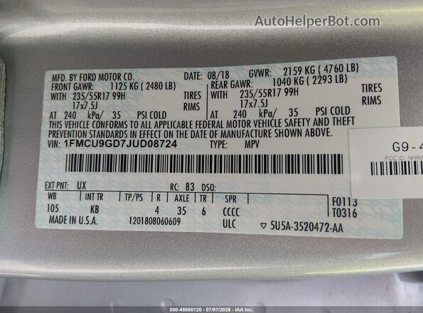 1FMCU9GD7JUD08724 2018 FORD ESCAPE Silver ძრავის განყოფილების ხედი
