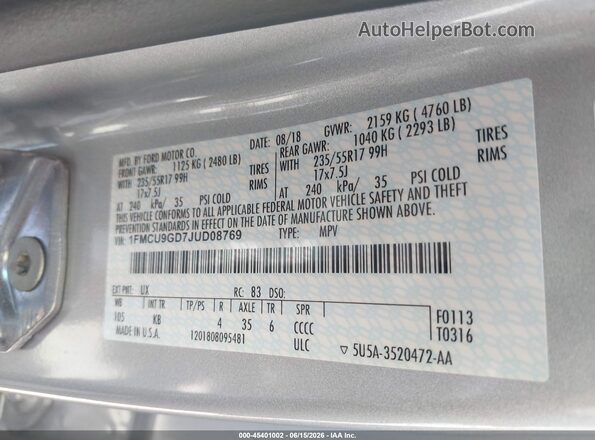 1FMCU9GD7JUD08769 2018 FORD ESCAPE Silver ძრავის განყოფილების ხედი