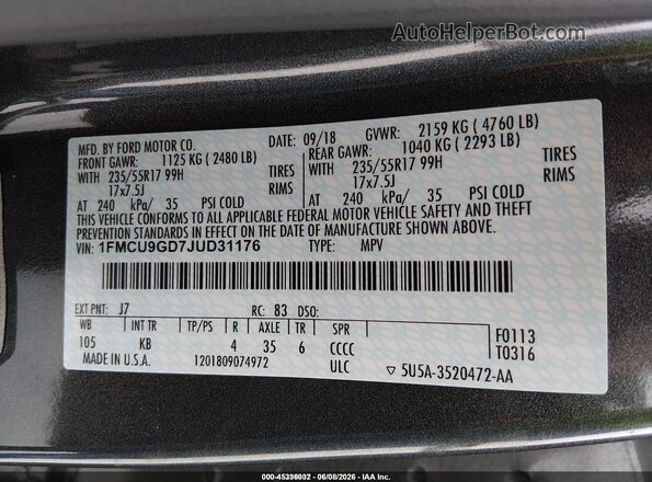 1FMCU9GD7JUD31176 2018 FORD ESCAPE Gray Շարժիչի բաժամունքի տեսք