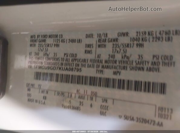 1FMCU9GD7KUA08795 2019 FORD ESCAPE White Widok komory silnika